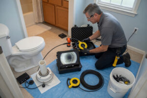 sewer scope inspection camera being prepared for lateral sewer line inspection