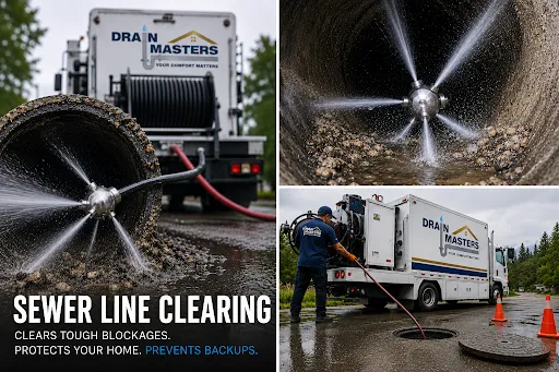 Drain Masters technician performing hydro jetting sewer main clearing