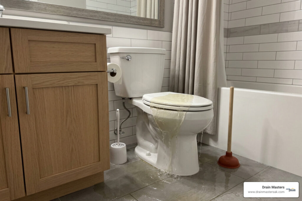 clogged toilet overflowing in bathroom emergency plumbing household stress