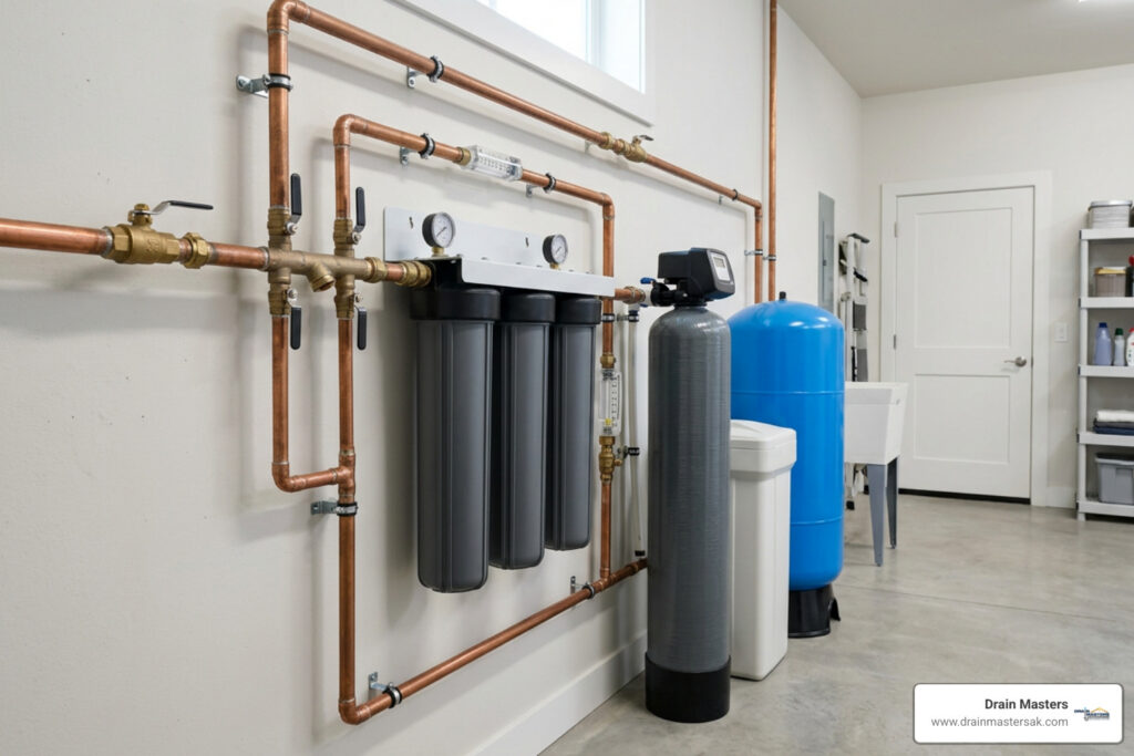 central water filter whole house system installed in residential utility room