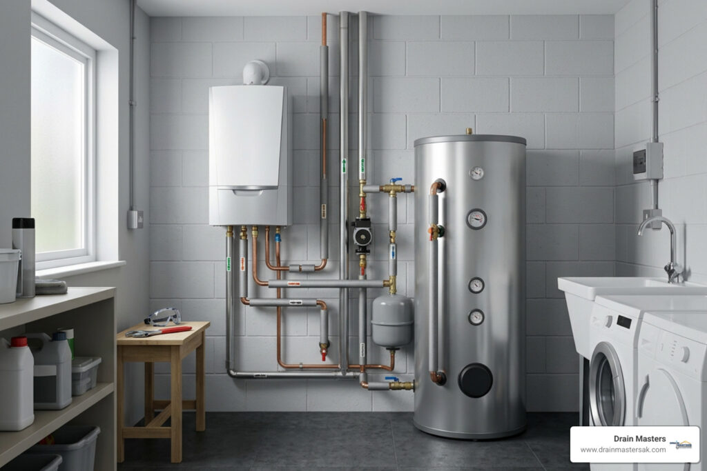 indirect water heater with boiler and storage tank in a modern utility room