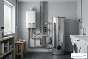 indirect water heater with boiler and storage tank in a modern utility room