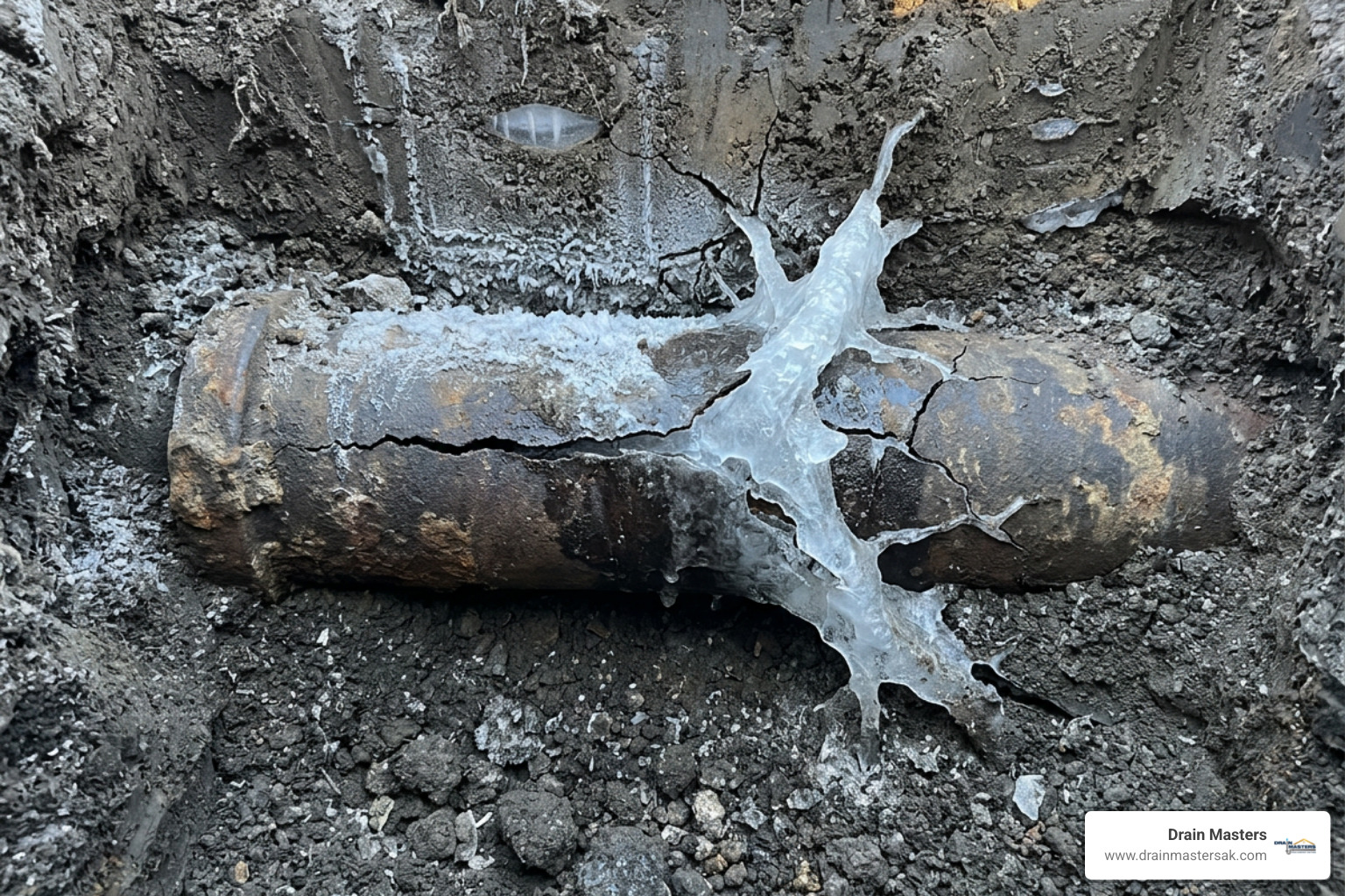 Subterranean sewer pipe cracked by ice expansion