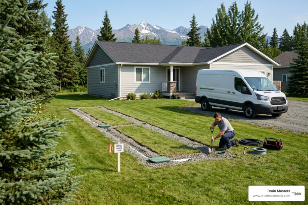 Residential septic drain field area in a grassy yard near a home