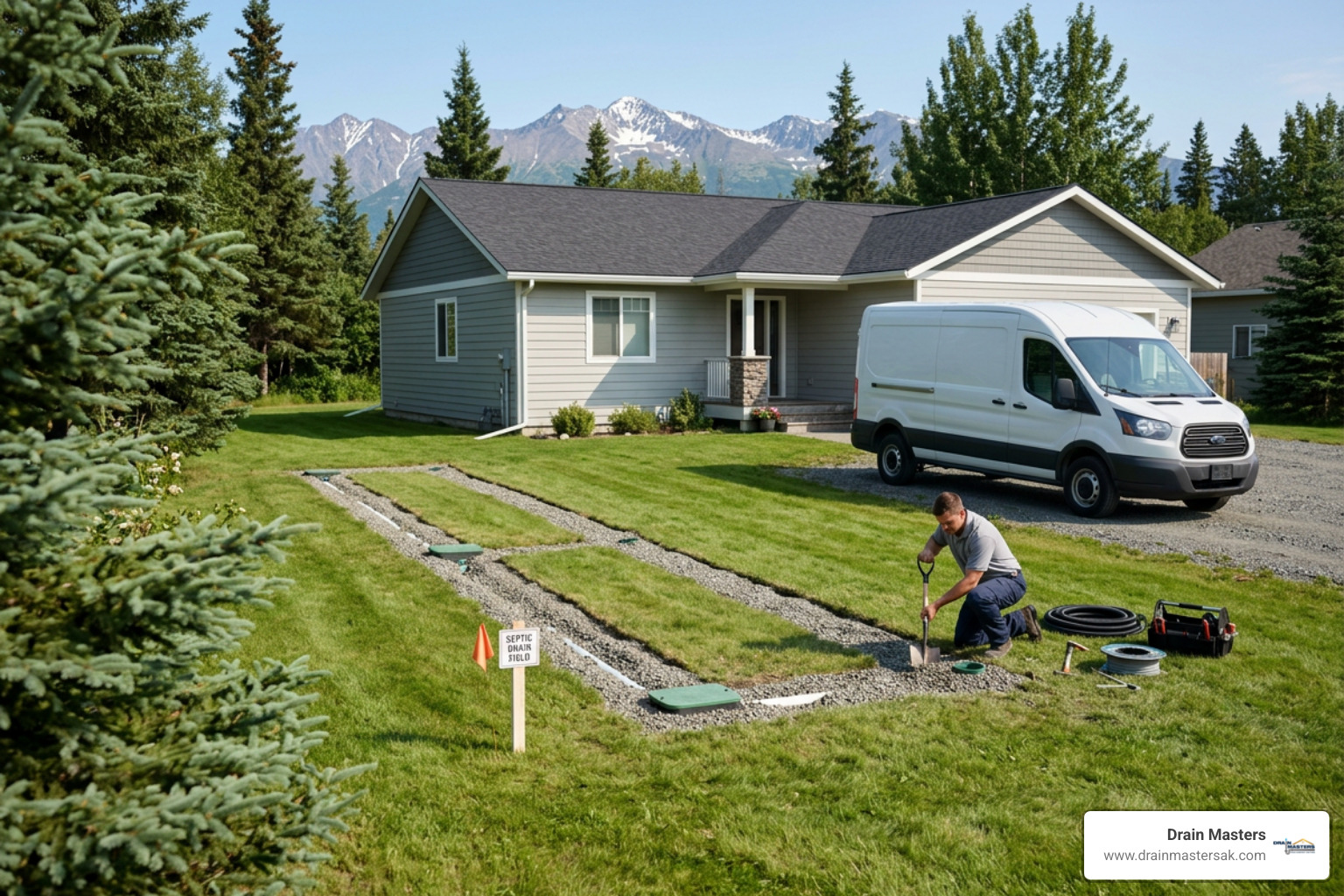 Residential septic drain field area in a grassy yard near a home