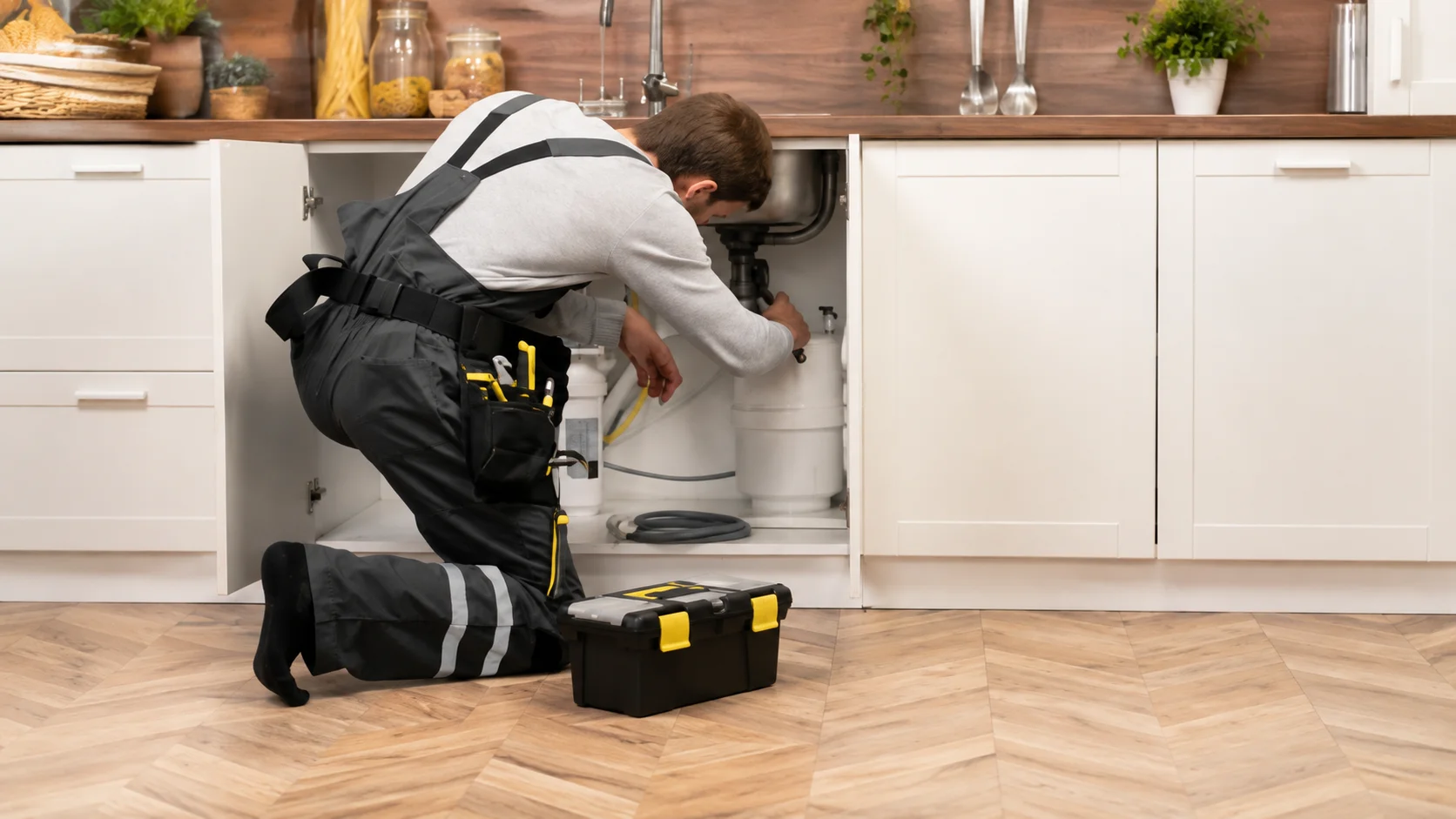 professional plumber repairing a garbage disposal under a kitchen sink