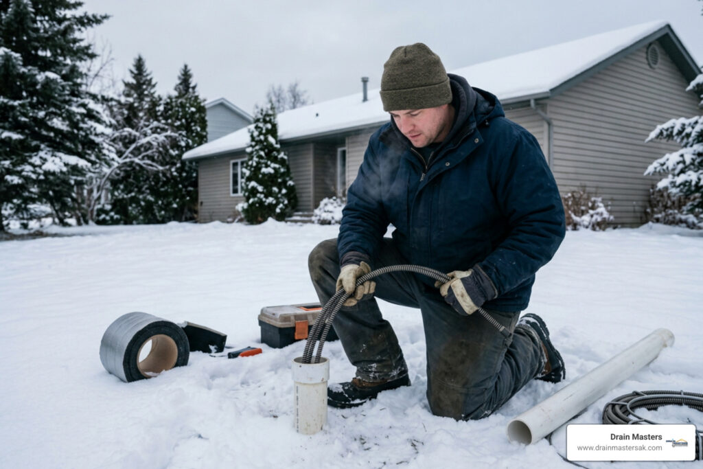 Technician preparing residential drains for winter to help prevent cold-weather blockages