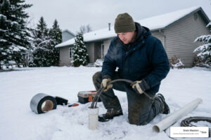 Technician preparing residential drains for winter to help prevent cold-weather blockages
