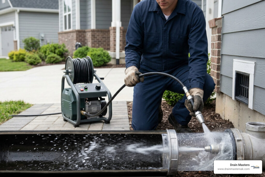 Professional hydro jetting equipment cleaning a residential drain line for comparison with mechanical snaking