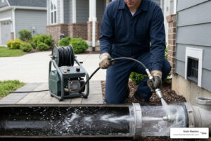 Professional hydro jetting equipment cleaning a residential drain line for comparison with mechanical snaking