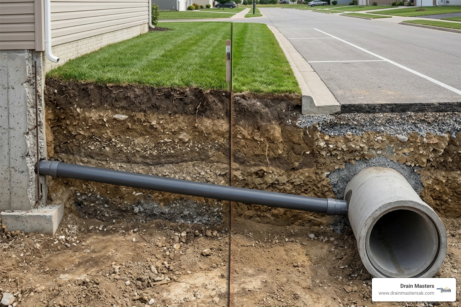 residential sewer lateral running underground from a home toward a municipal sewer main