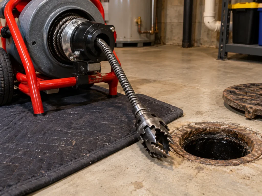 Drain cable machine with a cutting head next to an open sewer cleanout