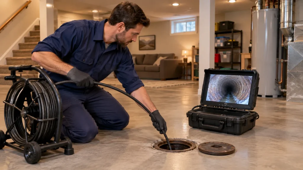 Technician running a sewer camera into a basement cleanout with a monitor nearby