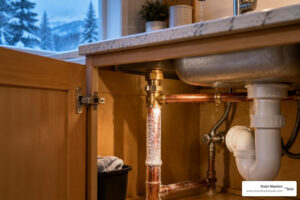 Early warning signs of a frozen pipe in an Anchorage home, including light frost on exposed plumbing and reduced faucet flow