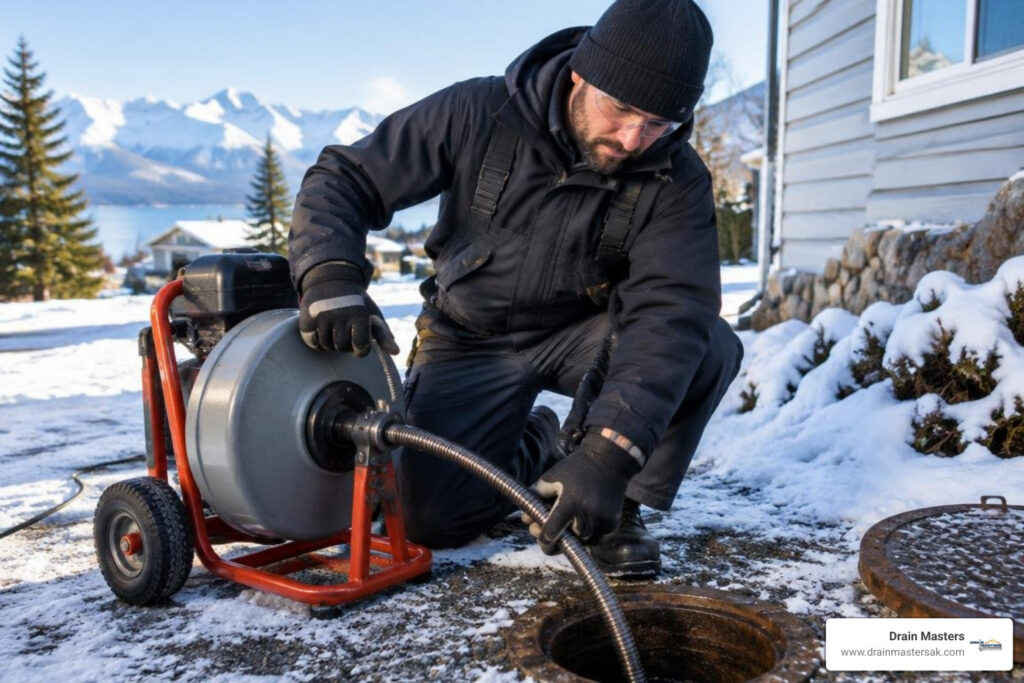 Professional drain technician clearing an outdoor sewer cleanout in Anchorage, AK
