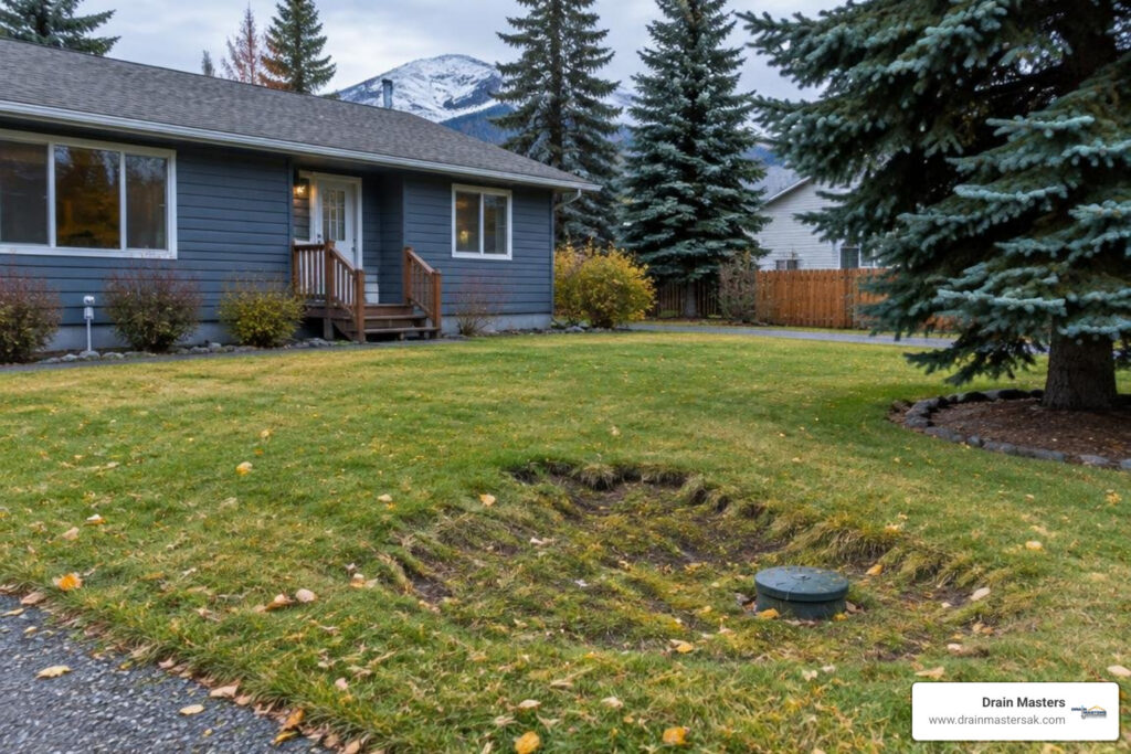 Older Anchorage, Alaska home with a subtly settled lawn area near a sewer cleanout