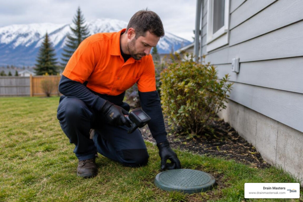 Plumber inspecting a residential sewer cleanout in an Anchorage yard