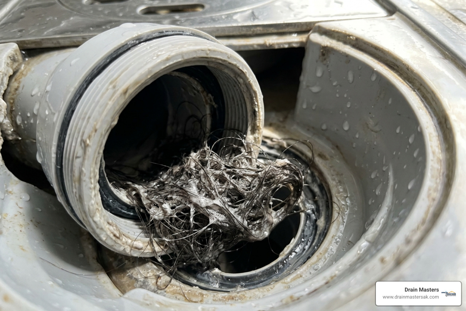 Accumulation of hair and soap scum inside a shower drain trap