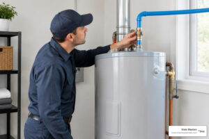 Professional plumber inspecting the cold-water inlet on a residential tank-style water heater