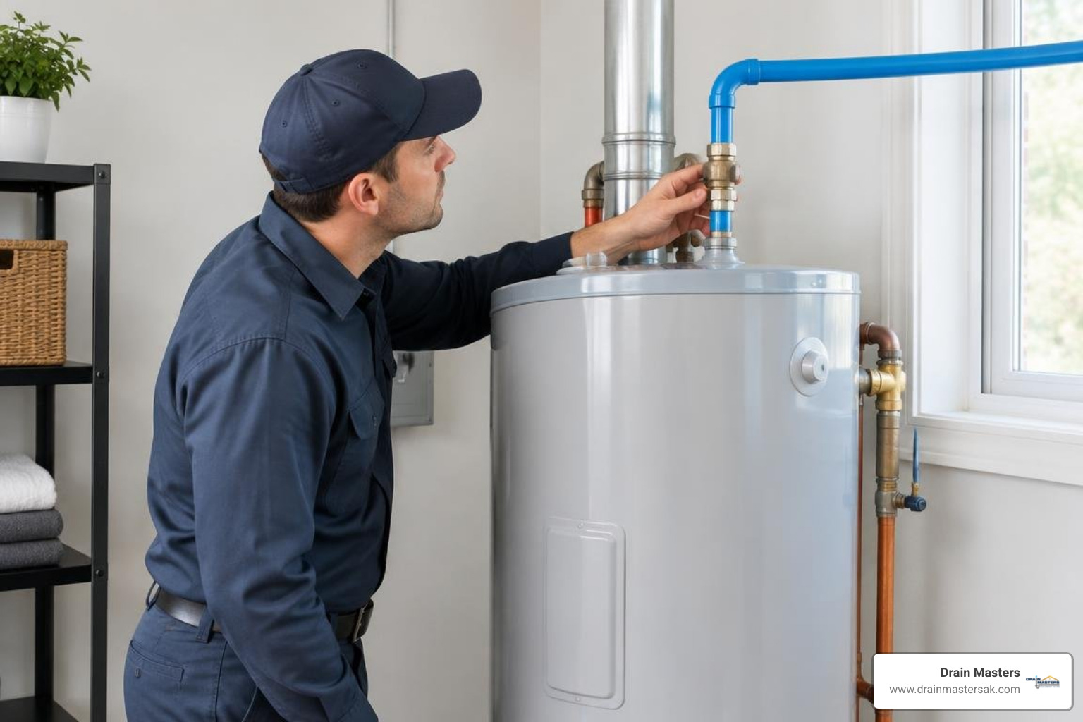 Professional plumber inspecting the cold-water inlet on a residential tank-style water heater