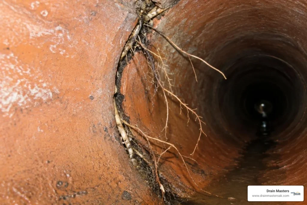 Sewer camera view showing root infiltration at a clay pipe joint