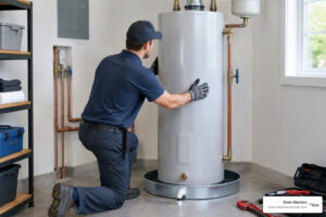 Professional plumber replacing an electric water heater in a residential utility room