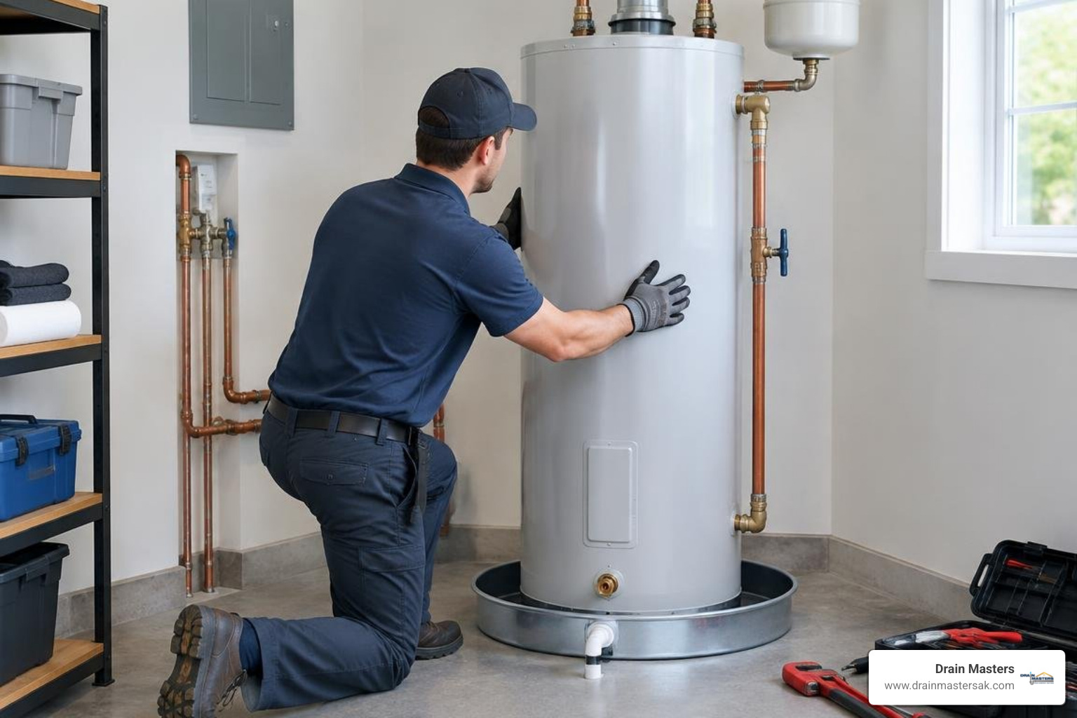 Professional plumber replacing an electric water heater in a residential utility room