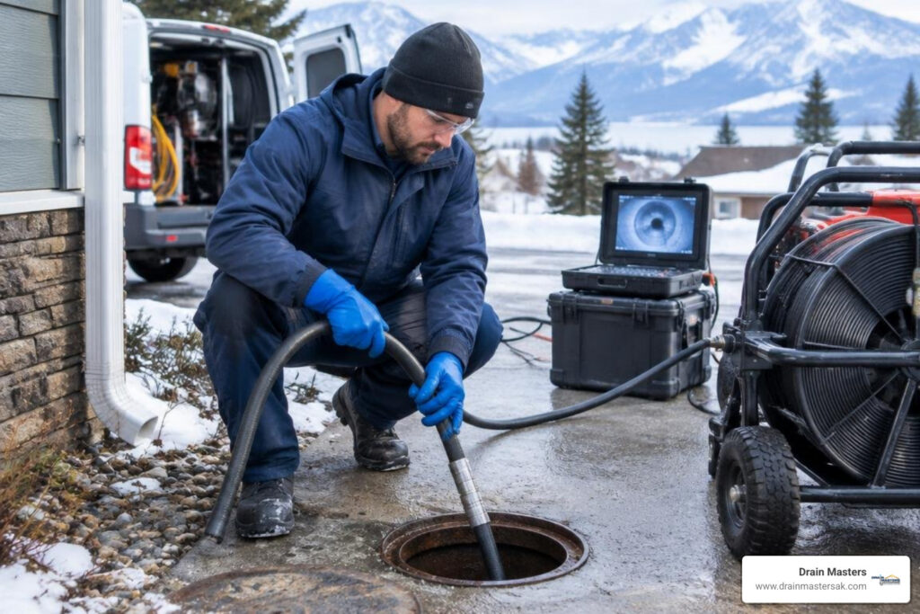Professional plumber using hydro jetting equipment at a residential sewer cleanout