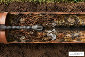 Cutaway sewer pipe showing a drain snake opening a narrow channel through roots and debris while buildup remains on the pipe