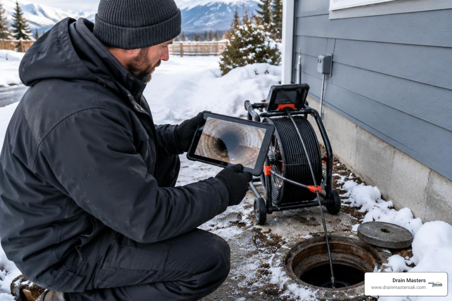 Plumber reviewing a sewer camera inspection beside an Anchorage home to diagnose a damaged drain pipe